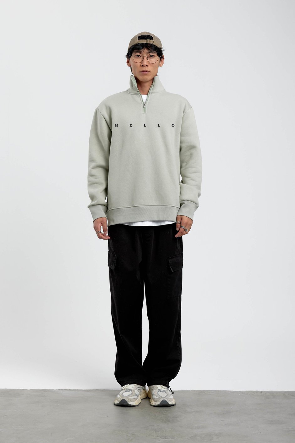 Su Yeşili Hello Yazılı Yarım Fermuarlı Sweatshirt