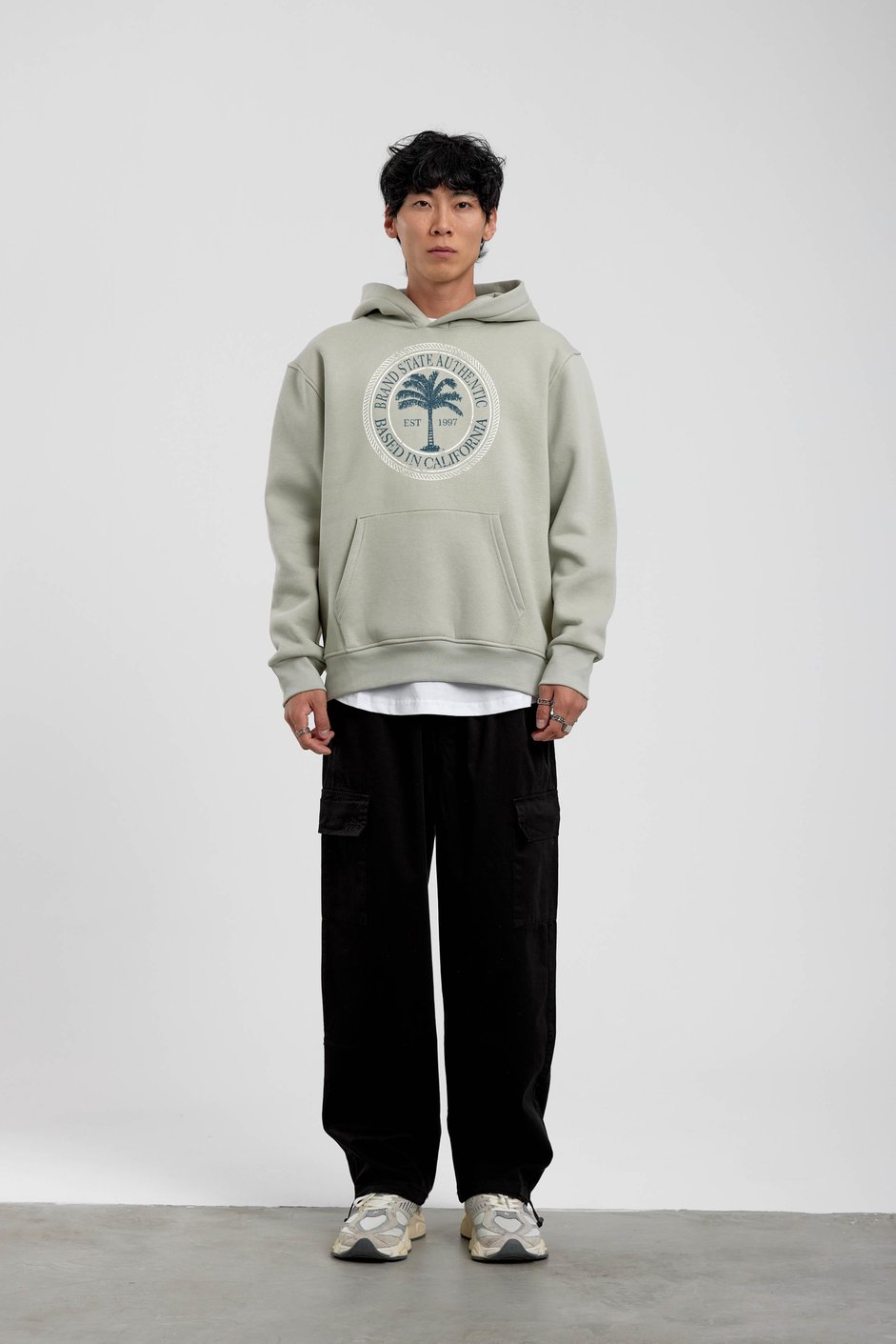 Su Yeşili Yazılı Palmiye Baskılı Kapüşonlu Sweatshirt