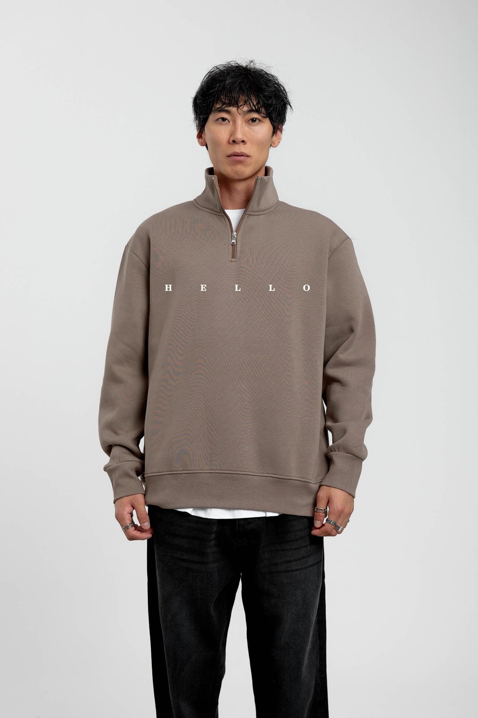 Vizon Hello Yazılı Yarım Fermuarlı Sweatshirt