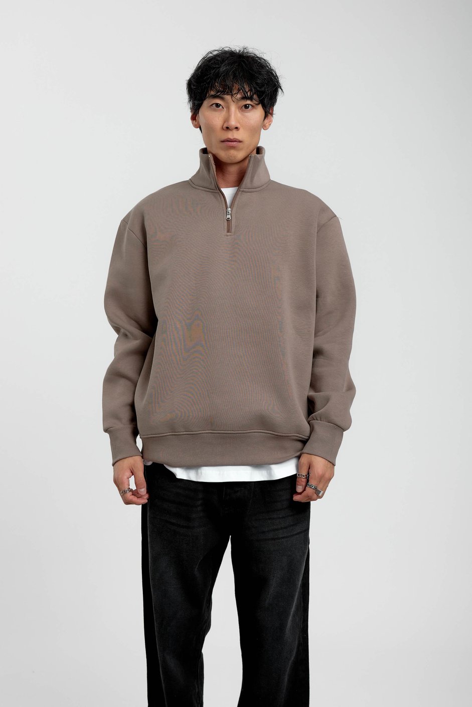 Vizon Yakası Fermuarlı Basic Şardonlu Sweatshirt