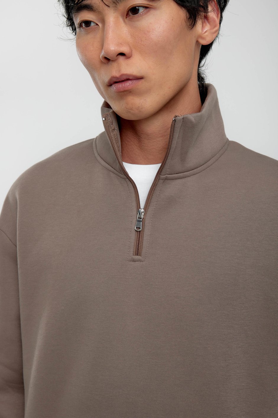 Vizon Yakası Fermuarlı Basic Şardonlu Sweatshirt