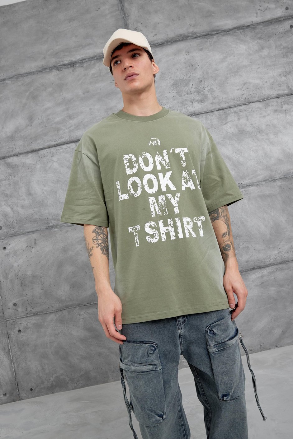 Yeşil Dont Look At My Tshirt Yazılı Oversize Tshirt
