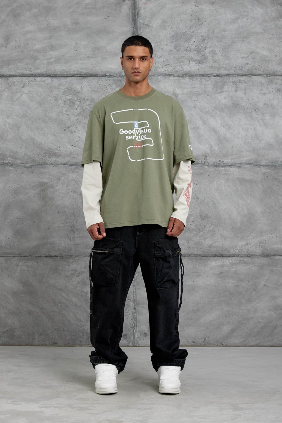 Yeşil Goodvision Baskılı  Oversize Kolu Parçalı Tasarım Sweatshirt
