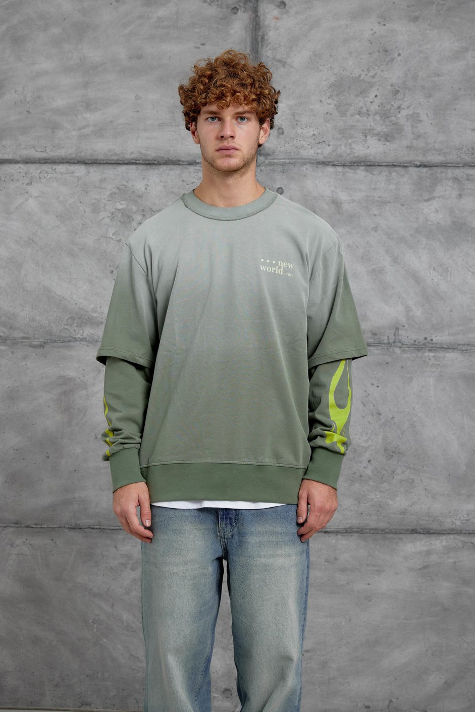 Yeşil KOLU ALEV BASKILI OVERSİZE SWEATSHIRT