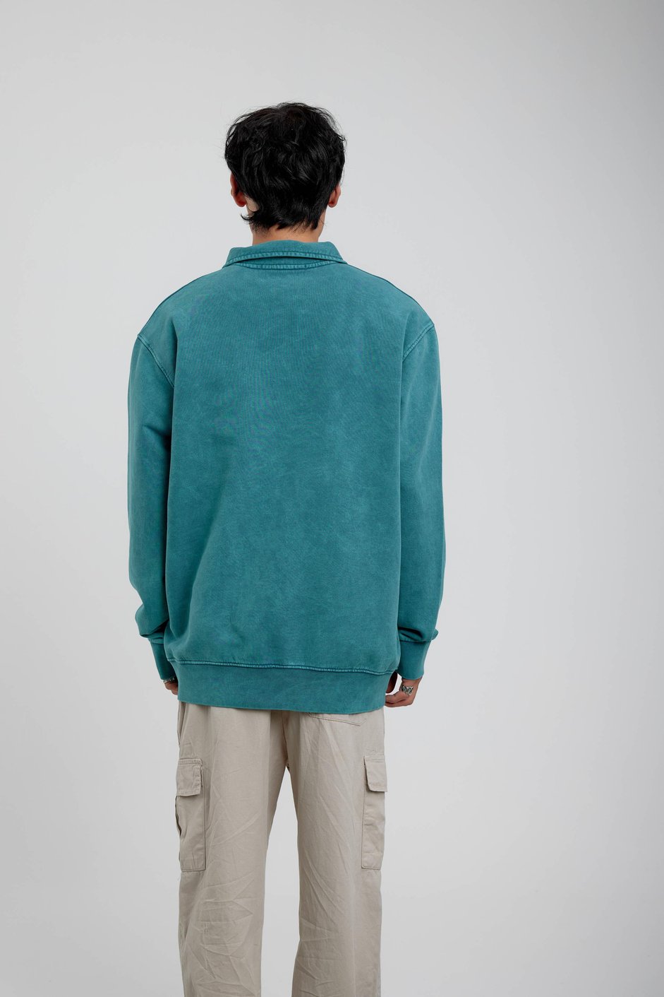 Yeşil Tek Cepli Yarım Fermuarlı Yıkamalı Sweatshirt