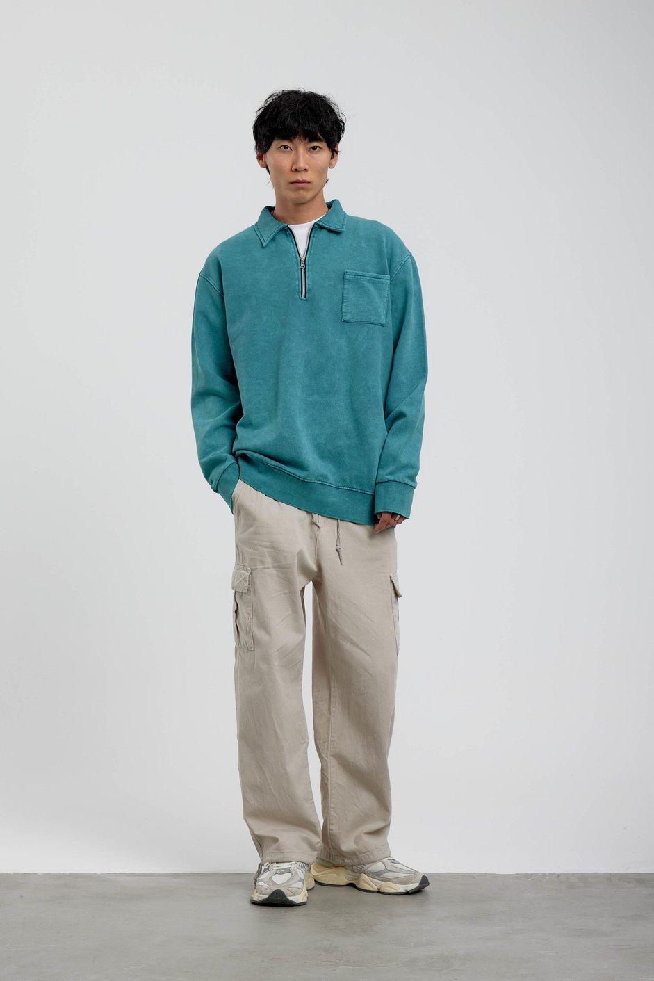 Yeşil Tek Cepli Yarım Fermuarlı Yıkamalı Sweatshirt