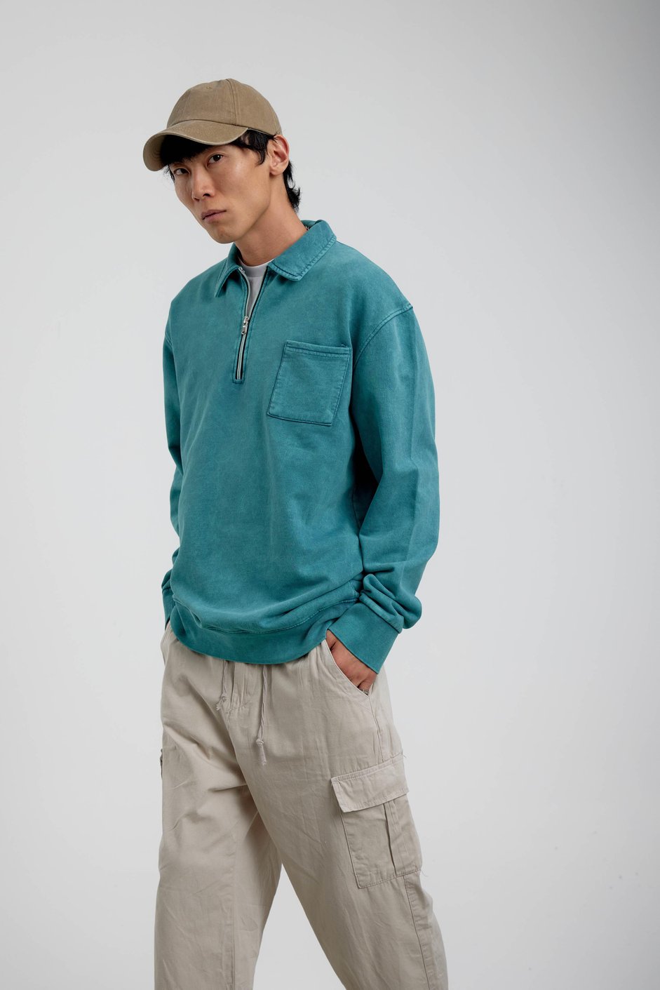 Yeşil Tek Cepli Yarım Fermuarlı Yıkamalı Sweatshirt