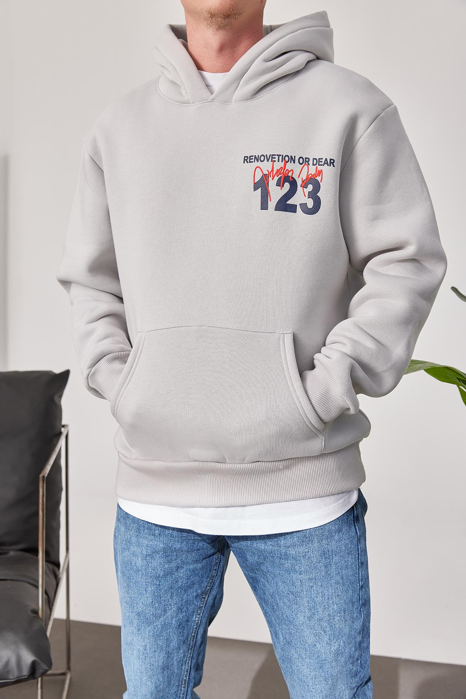 123 Baskılı Gri Kapüşonlu Sweatshirt