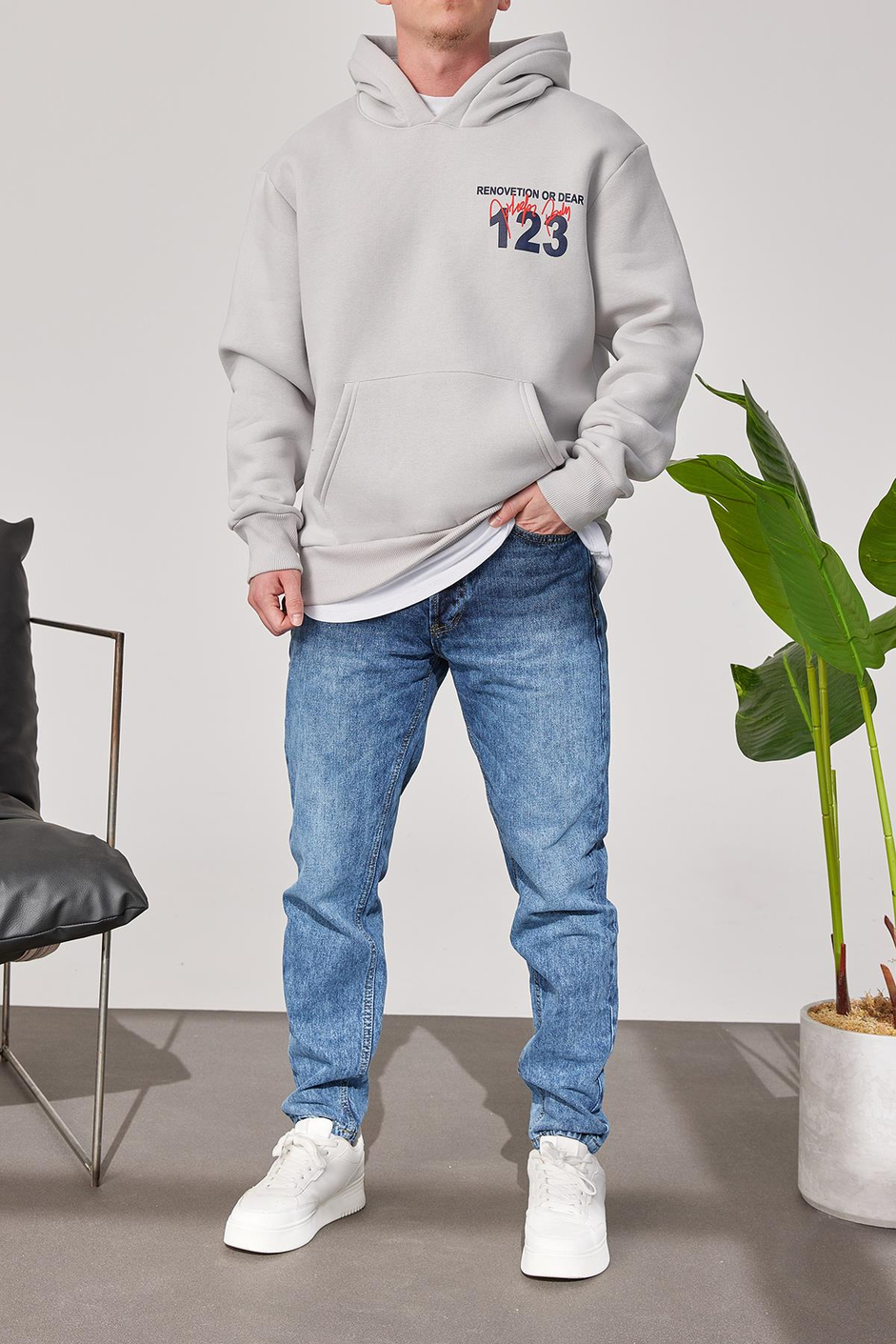 123 Baskılı Gri Kapüşonlu Sweatshirt