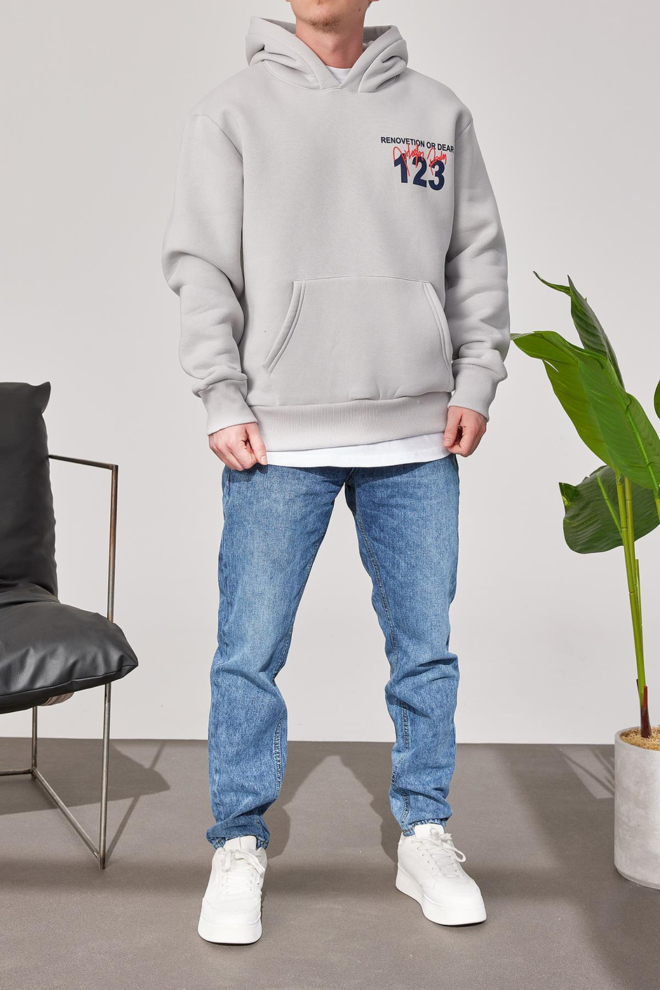 123 Baskılı Gri Kapüşonlu Sweatshirt