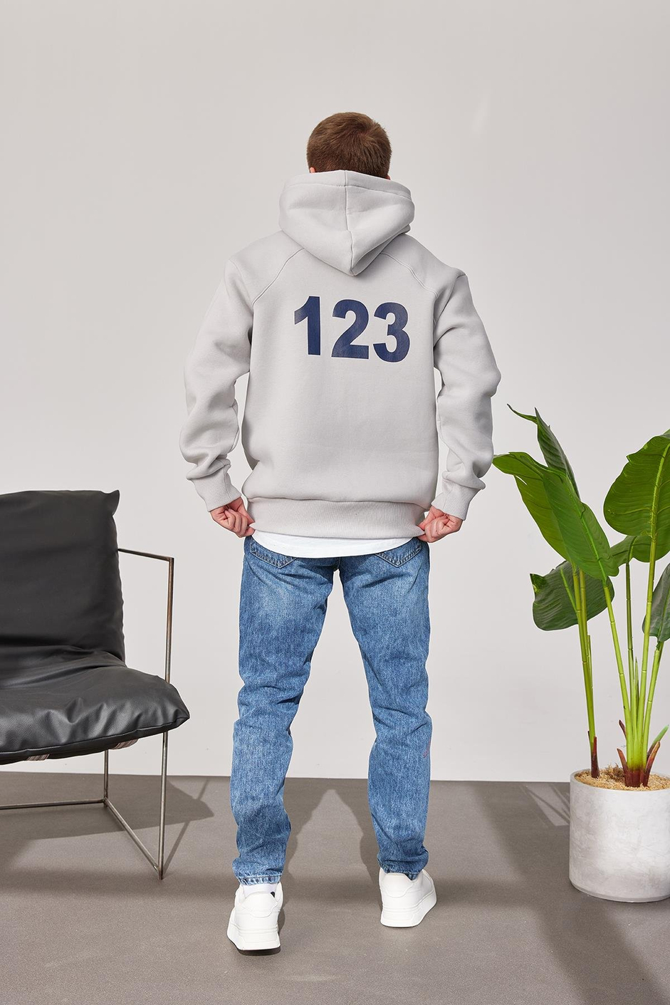 123 Baskılı Gri Kapüşonlu Sweatshirt
