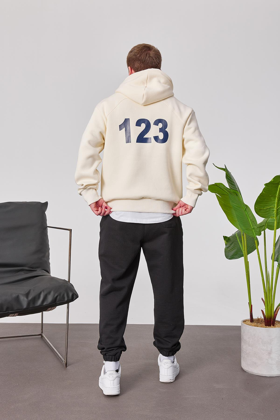 123 Baskılı Krem Kapüşonlu Sweatshirt