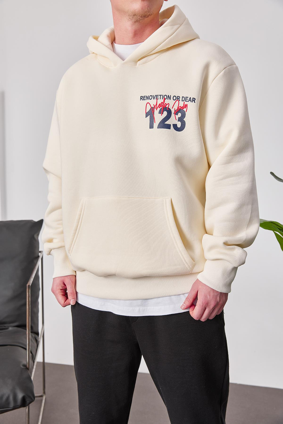123 Baskılı Krem Kapüşonlu Sweatshirt