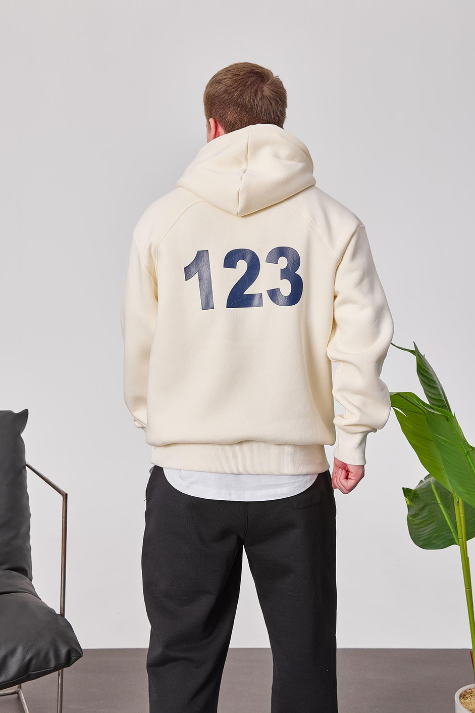 123 Baskılı Krem Kapüşonlu Sweatshirt