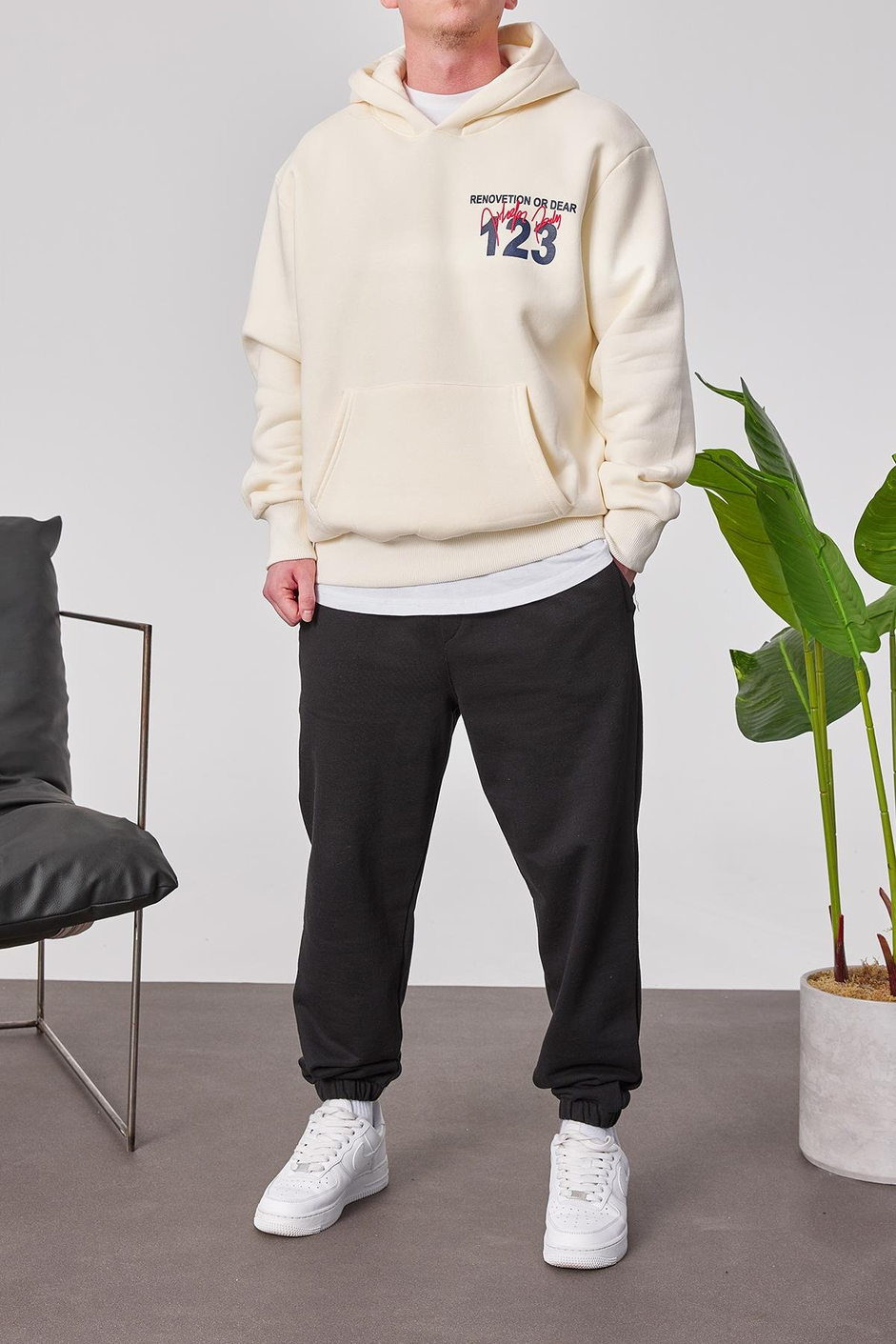 123 Baskılı Krem Kapüşonlu Sweatshirt