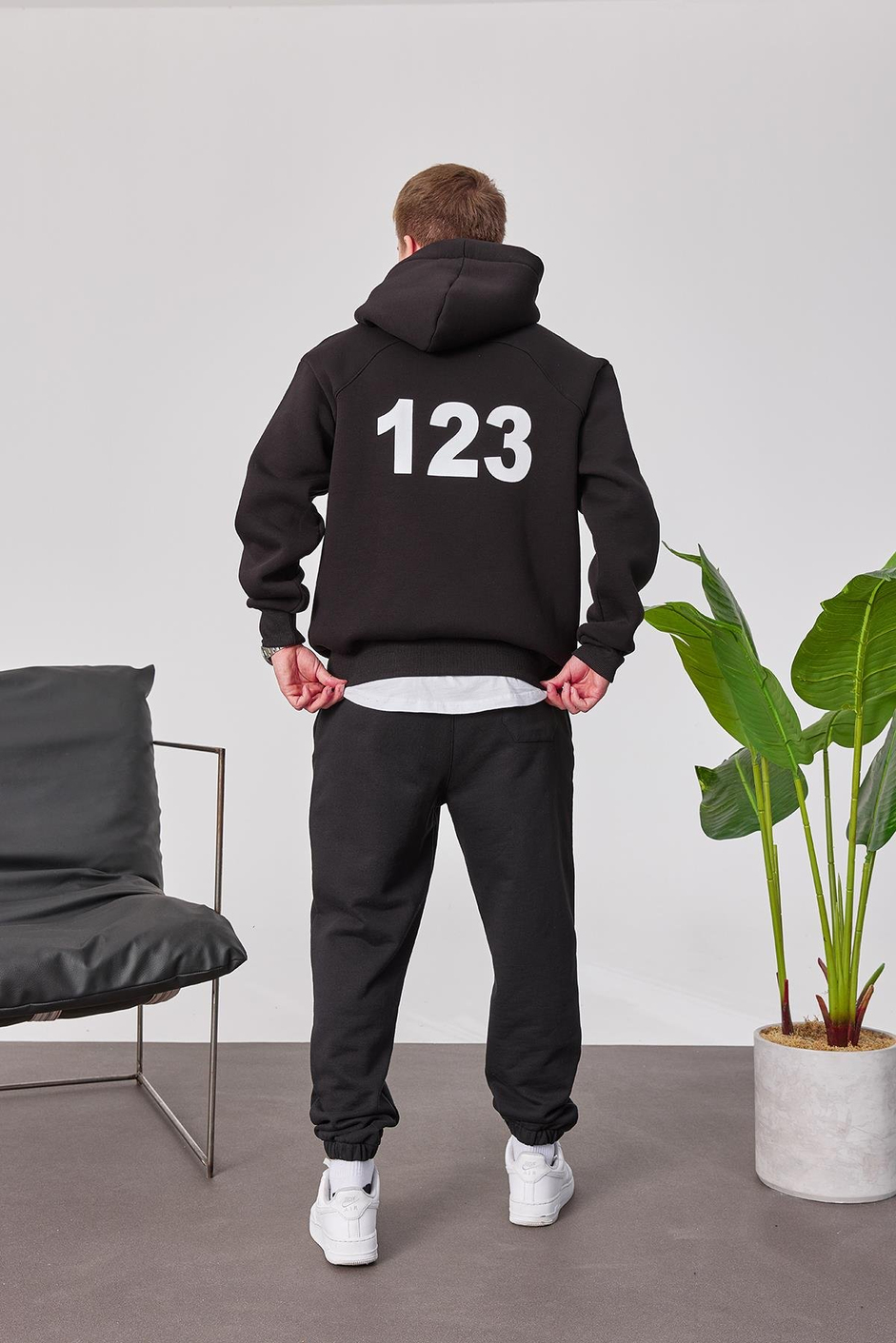 123 Baskılı Siyah Kapüşonlu Sweatshirt
