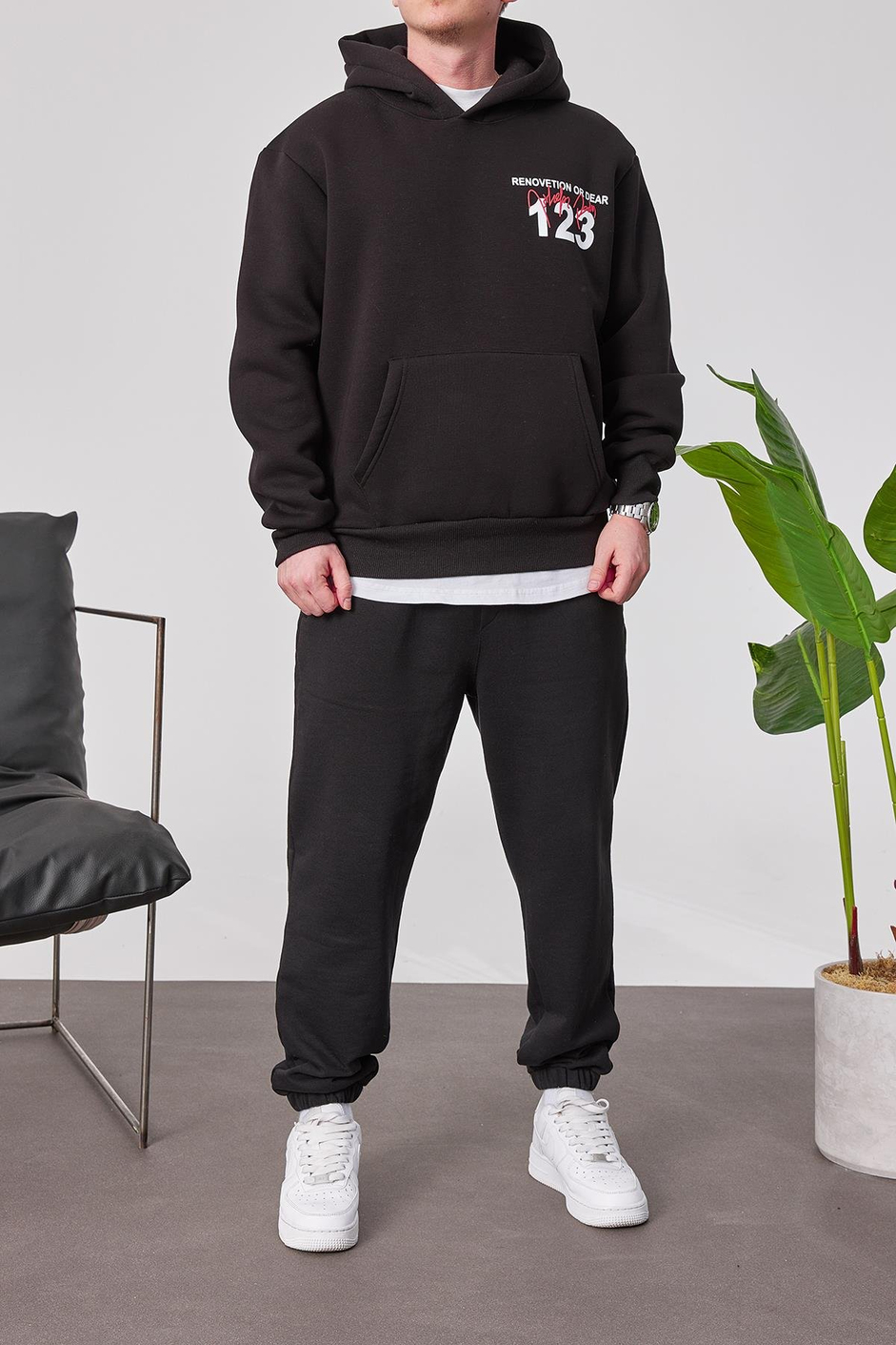 123 Baskılı Siyah Kapüşonlu Sweatshirt