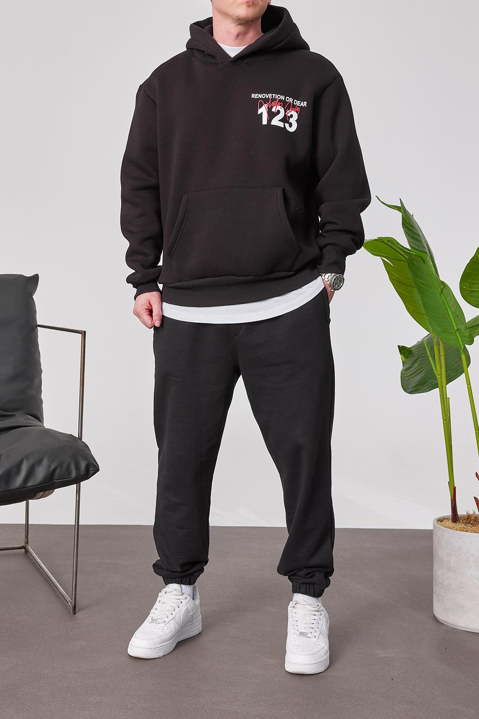 123 Baskılı Siyah Kapüşonlu Sweatshirt