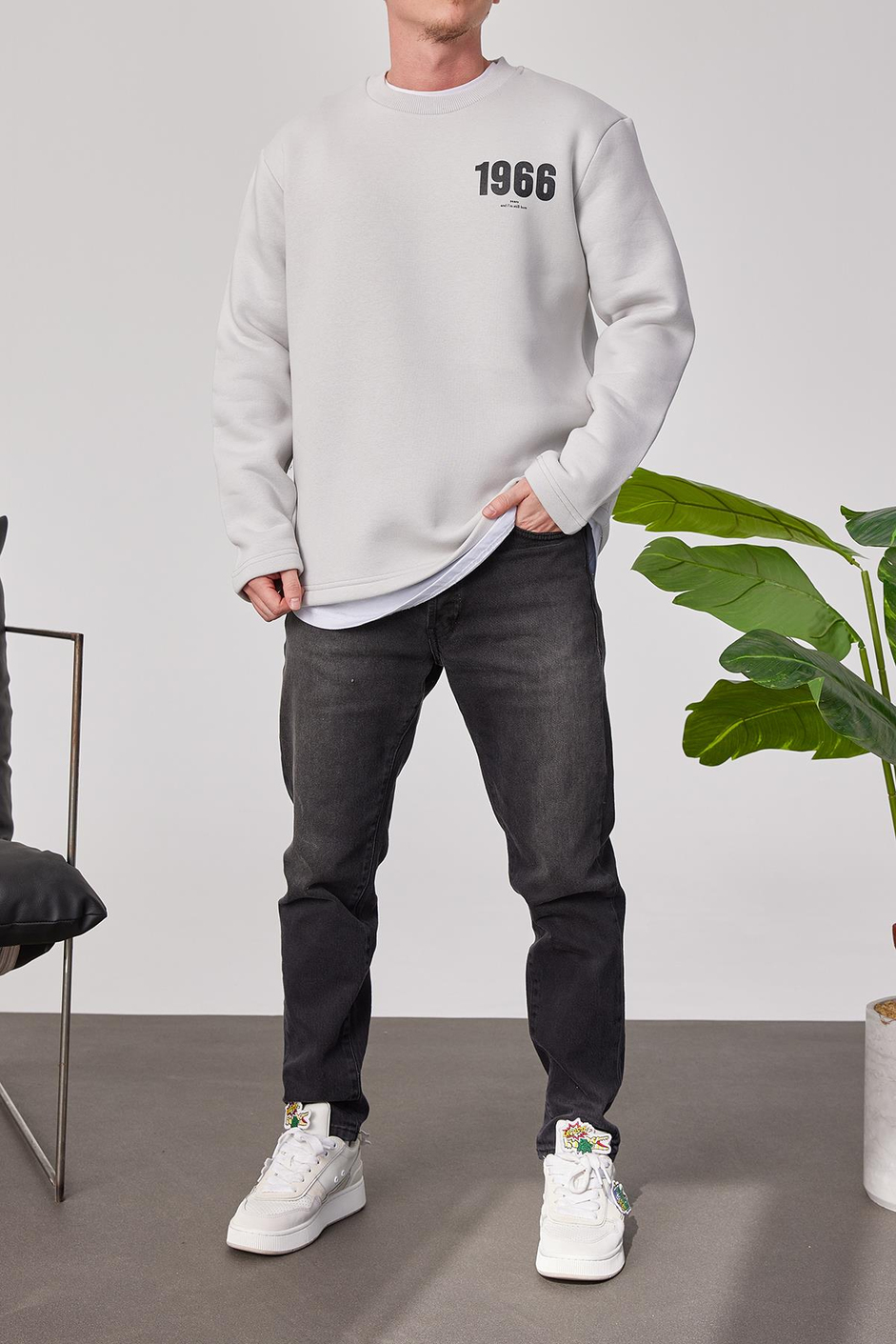 1966 Baskılı Gri Sweatshrt