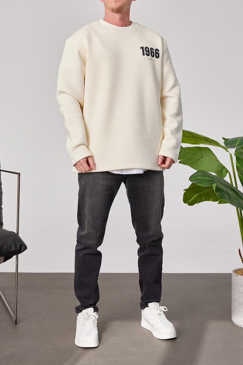 1966 Baskılı Krem Sweatshrt