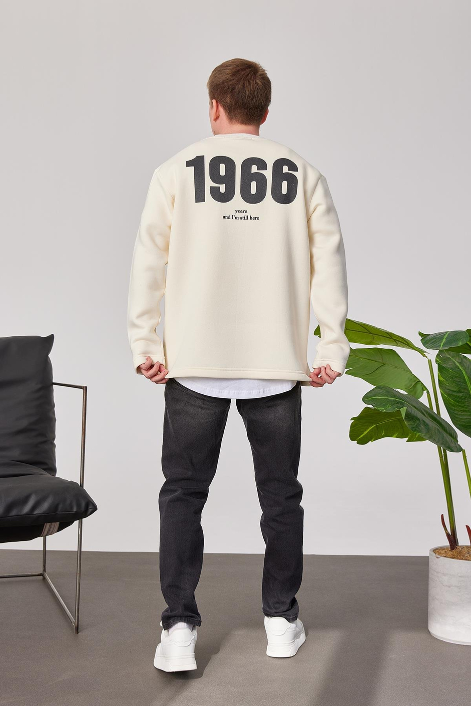 1966 Baskılı Krem Sweatshrt