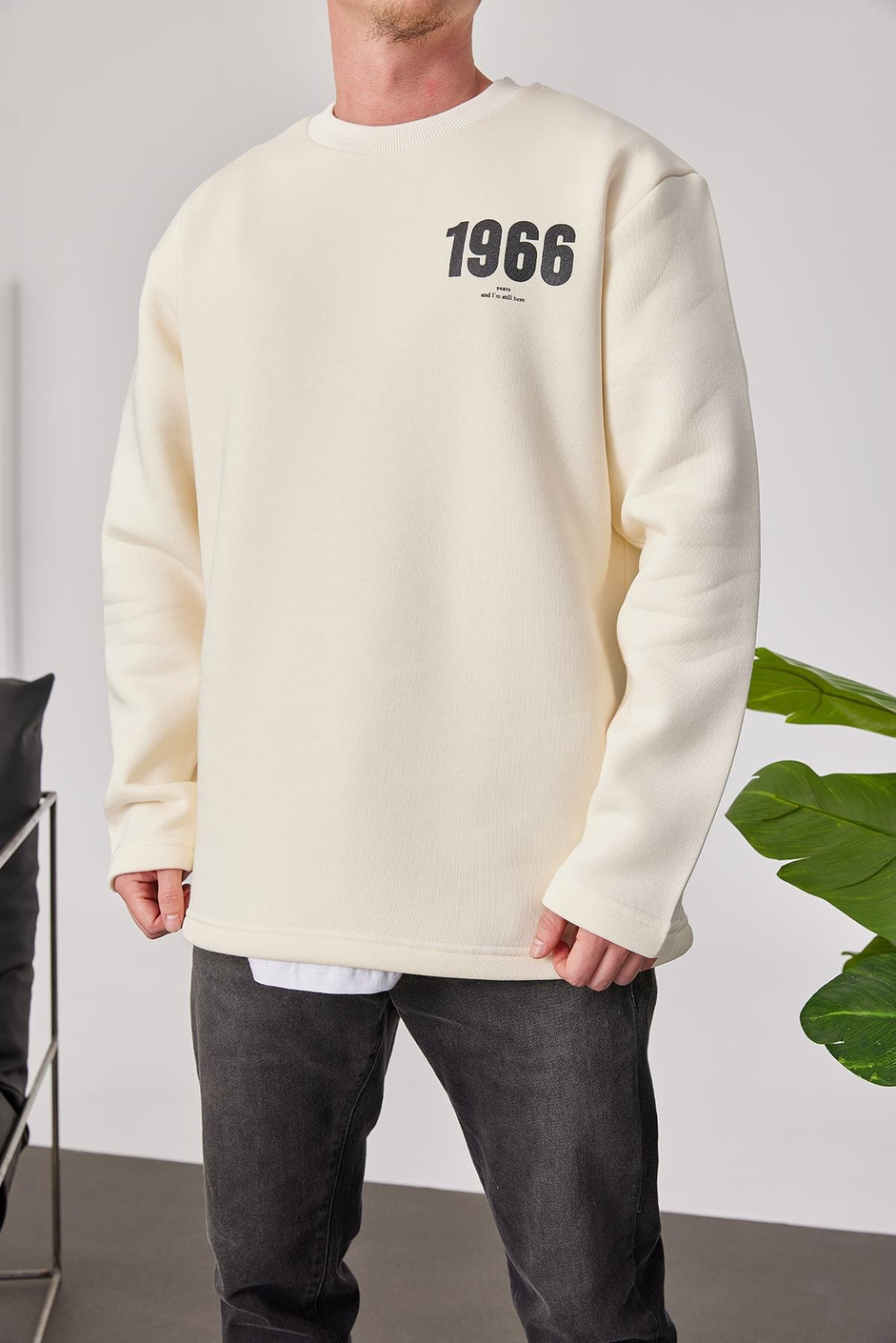 1966 Baskılı Krem Sweatshrt