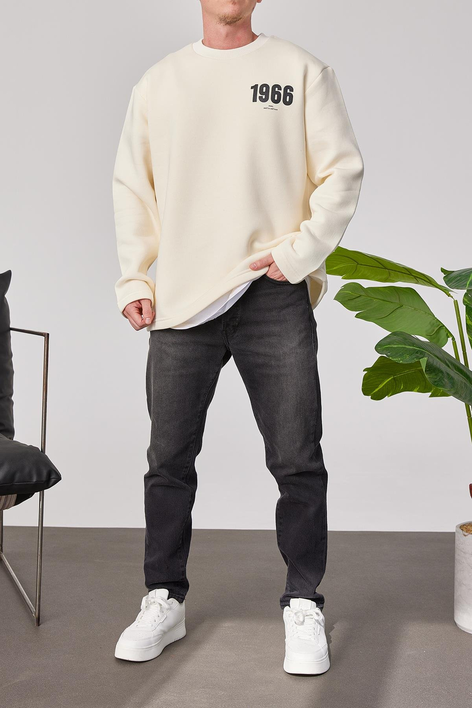 1966 Baskılı Krem Sweatshrt