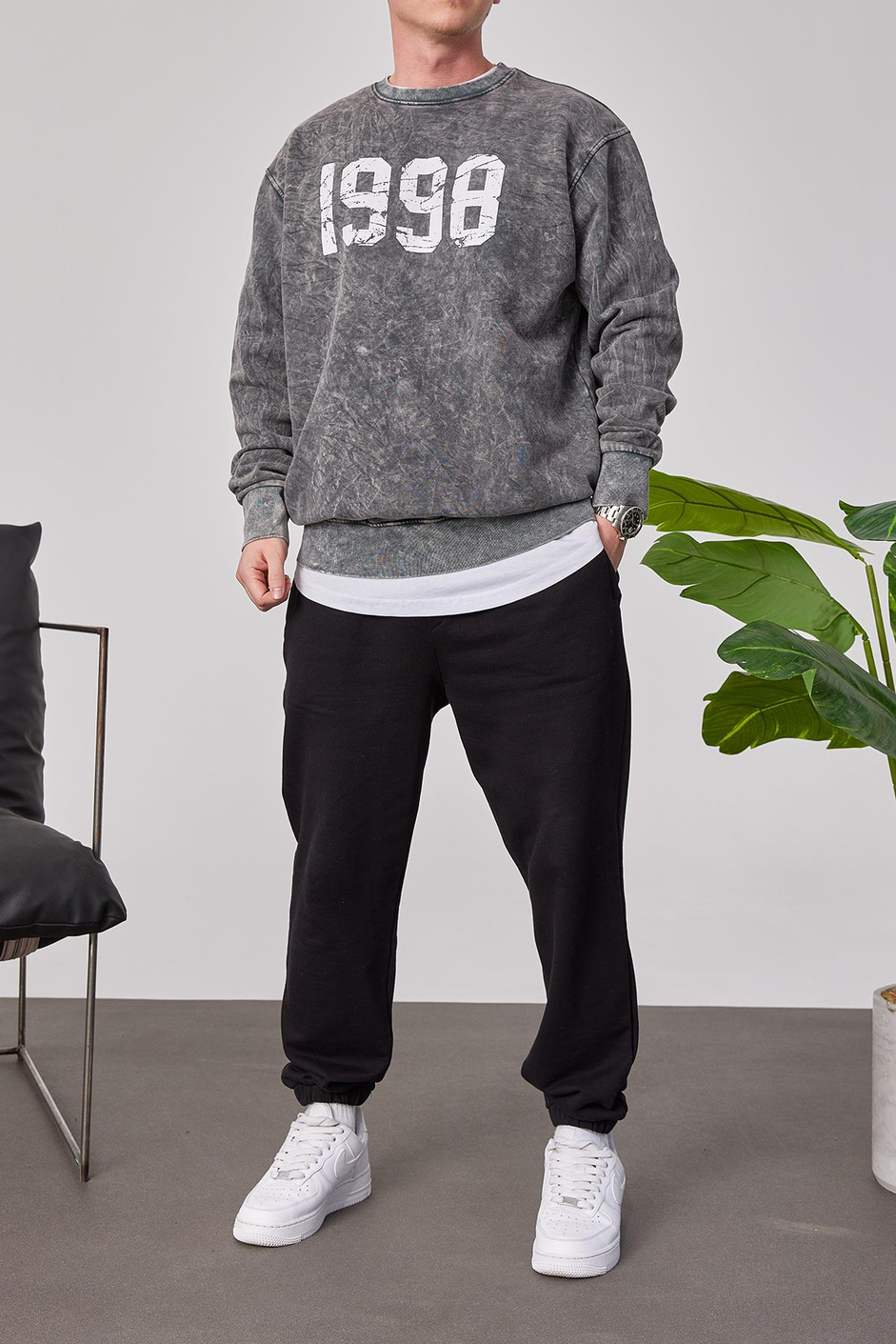 1998 Baskılı Füme Yıkamalı Sweatshirt