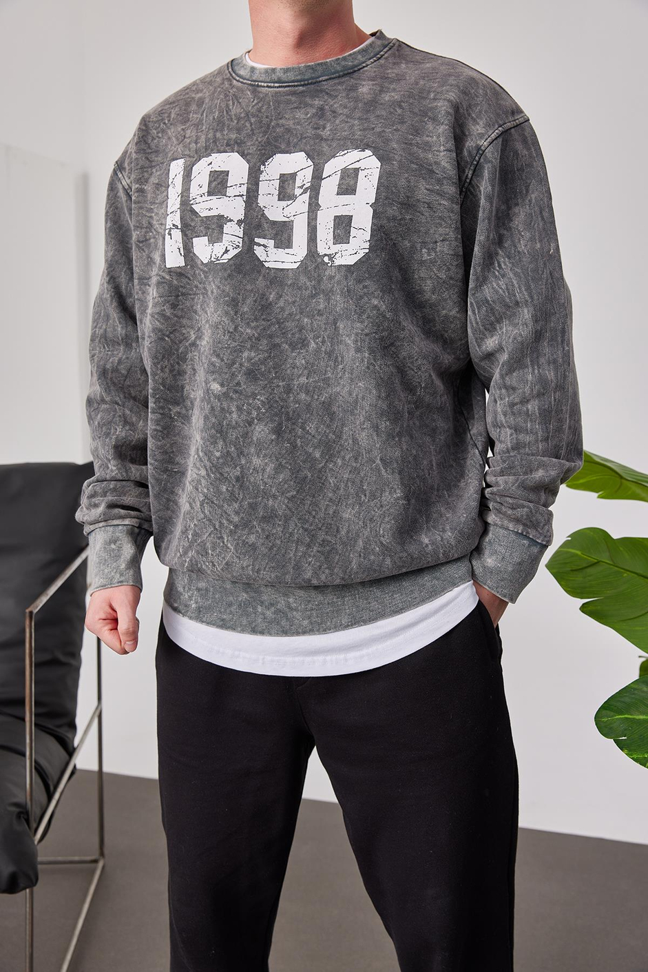 1998 Baskılı Füme Yıkamalı Sweatshirt