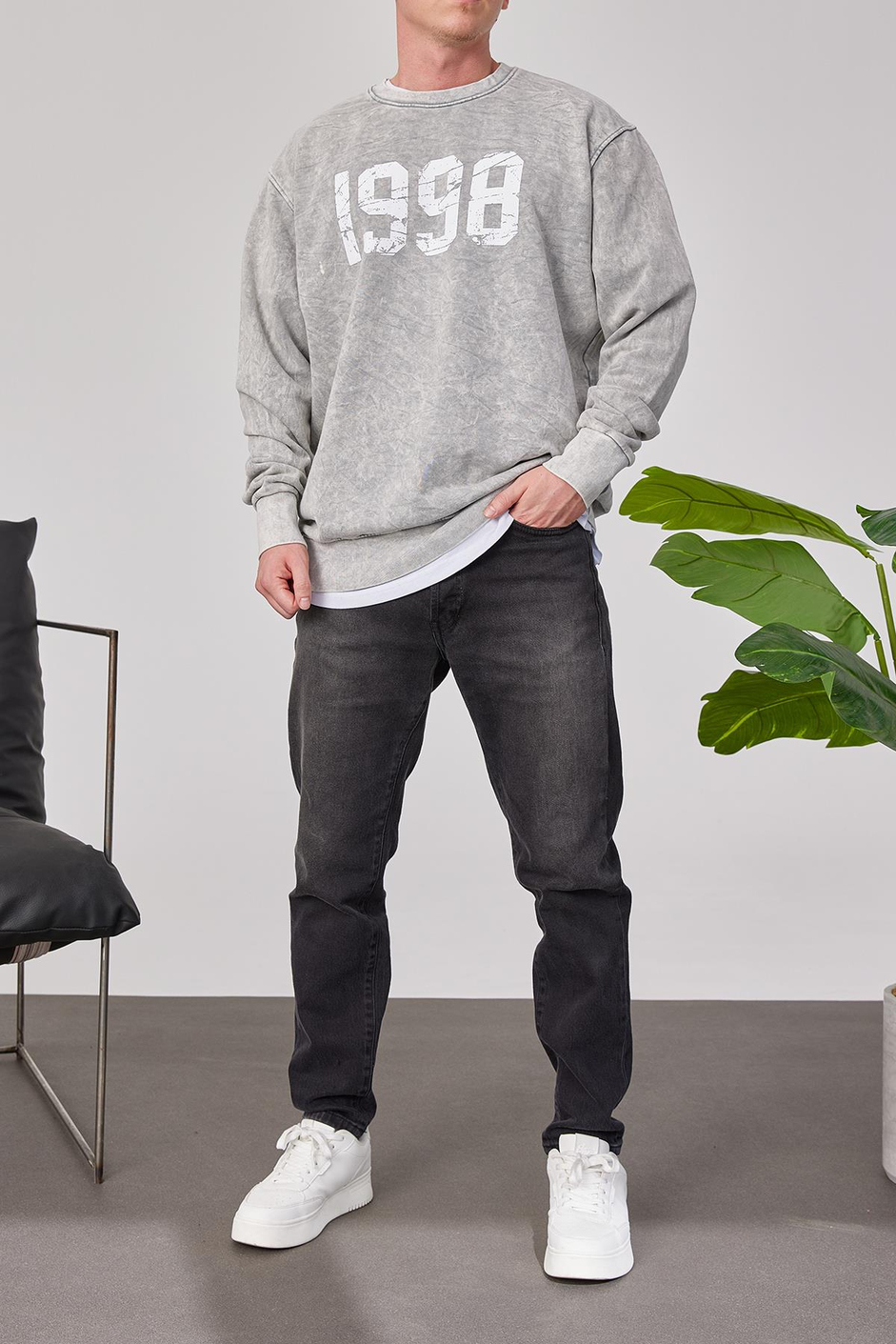 1998 Baskılı Gri Yıkamalı Sweatshirt