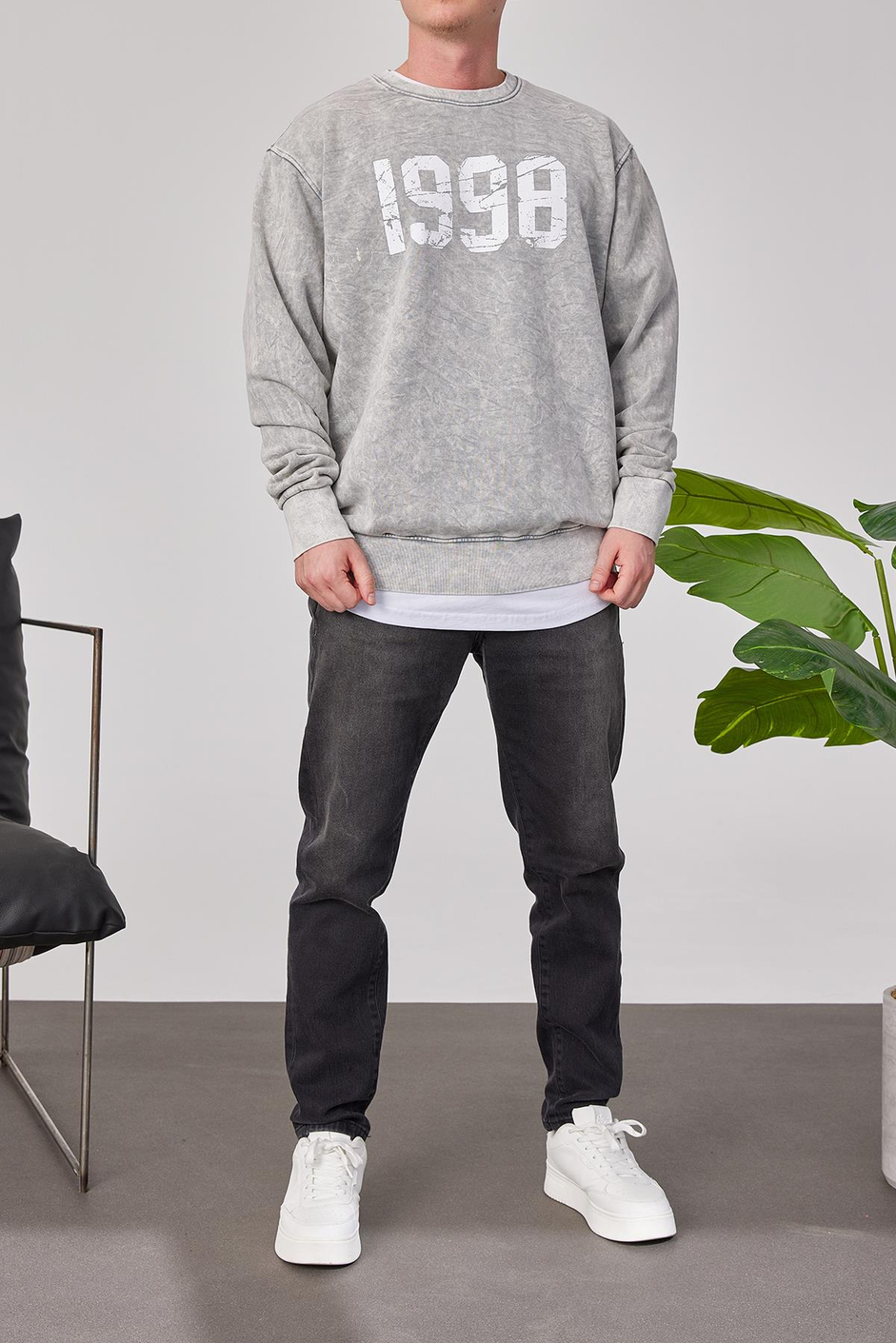 1998 Baskılı Gri Yıkamalı Sweatshirt