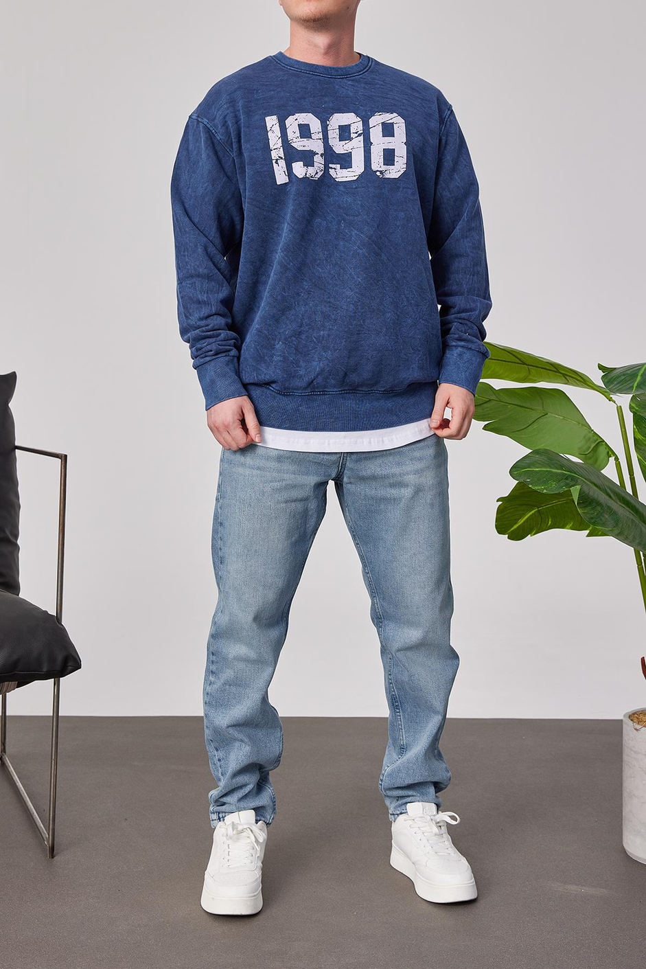 1998 Baskılı Mavi Yıkamalı Sweatshirt