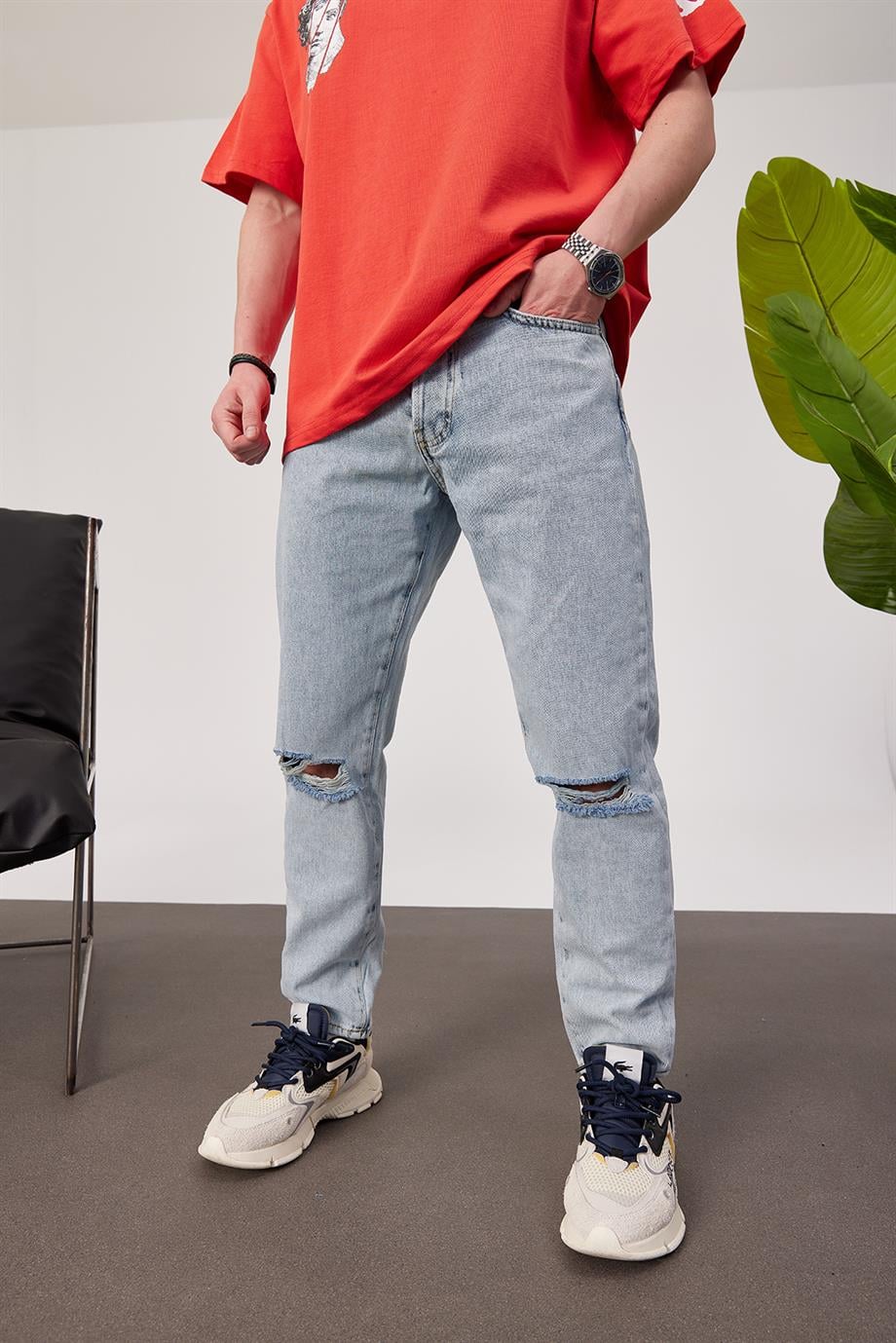 5101 Dizi Yırtık Slim Buz Mavi Jean