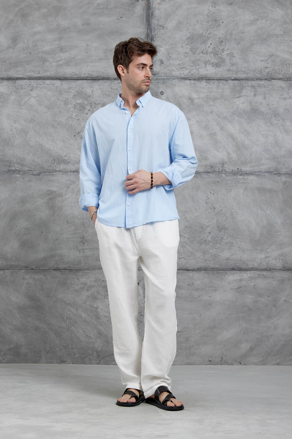 Açık Mavi Gst Keten Oversize Gömlek