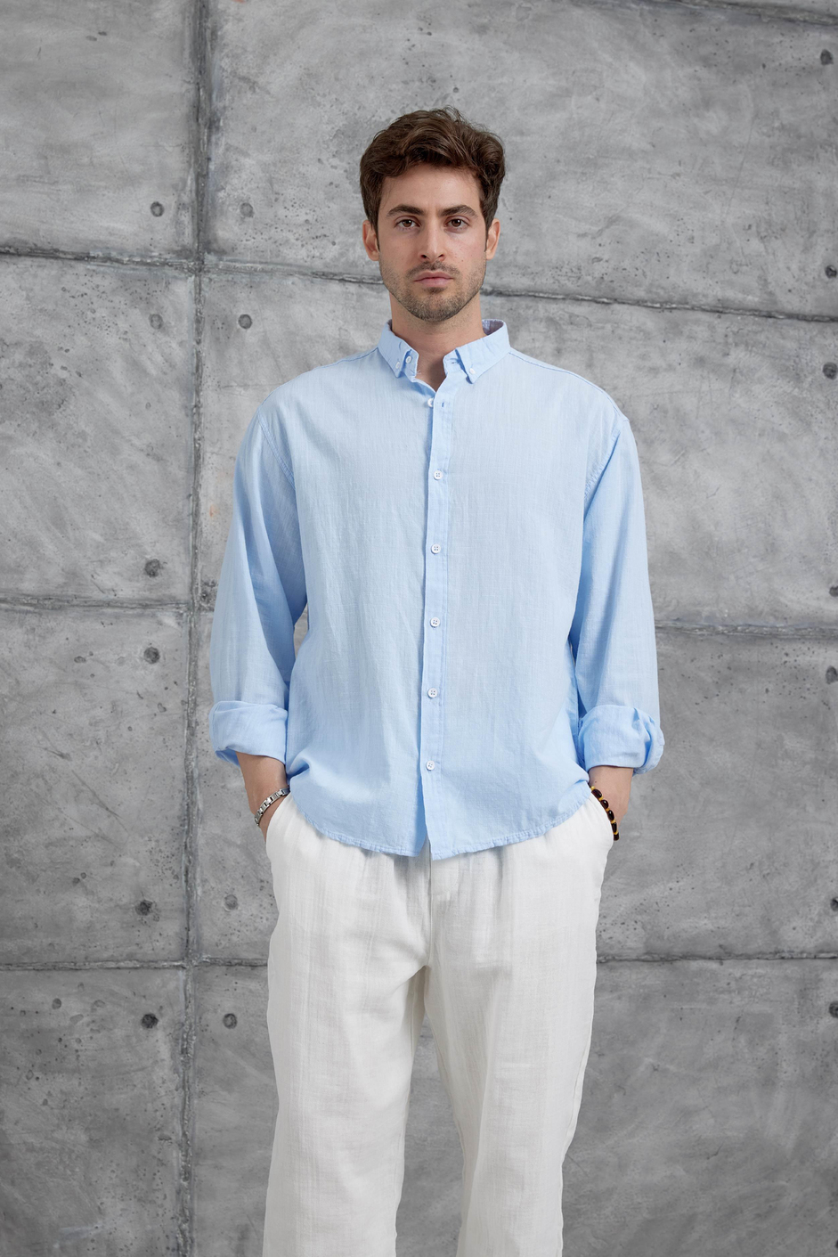 Açık Mavi Gst Keten Oversize Gömlek
