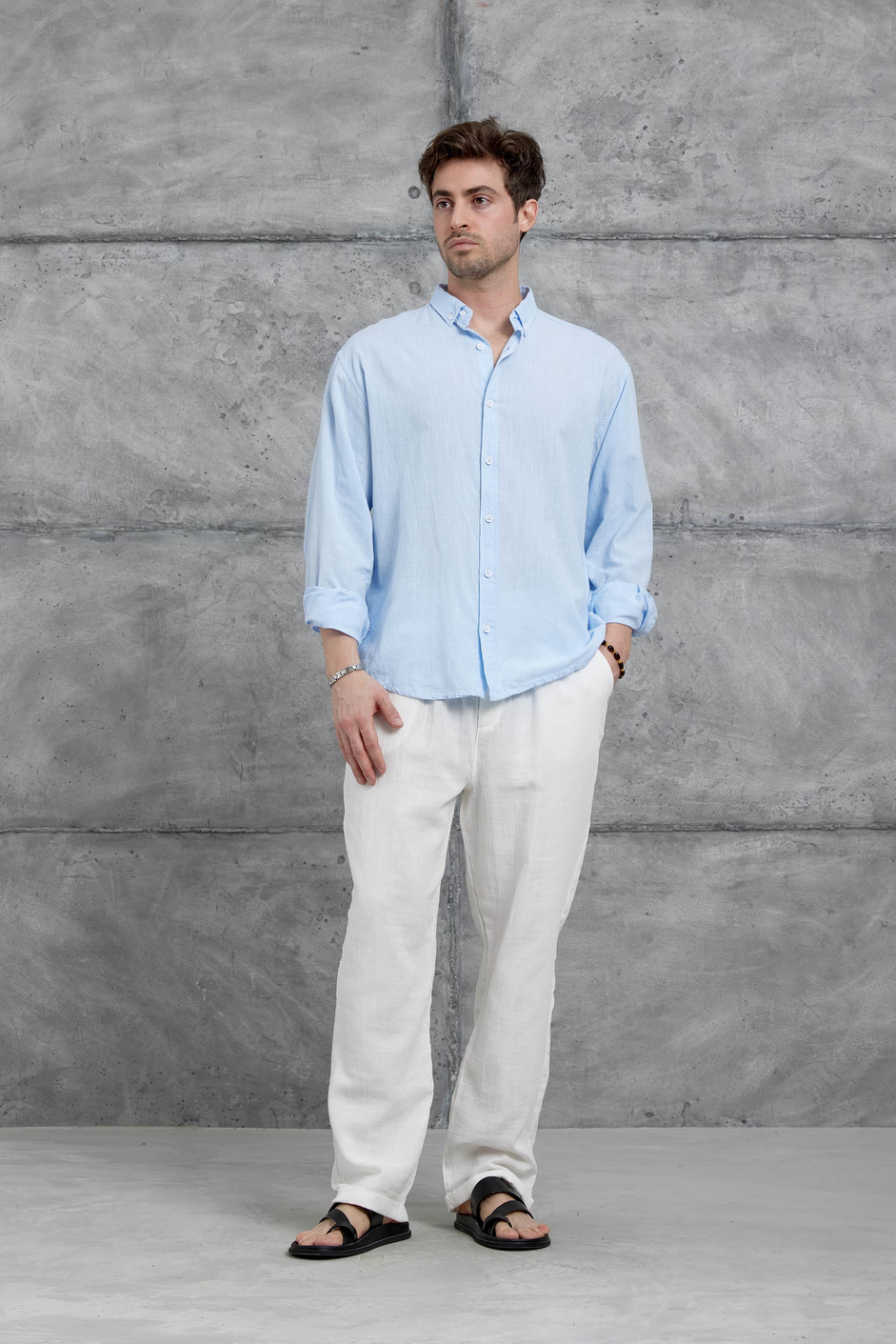 Açık Mavi Gst Keten Oversize Gömlek