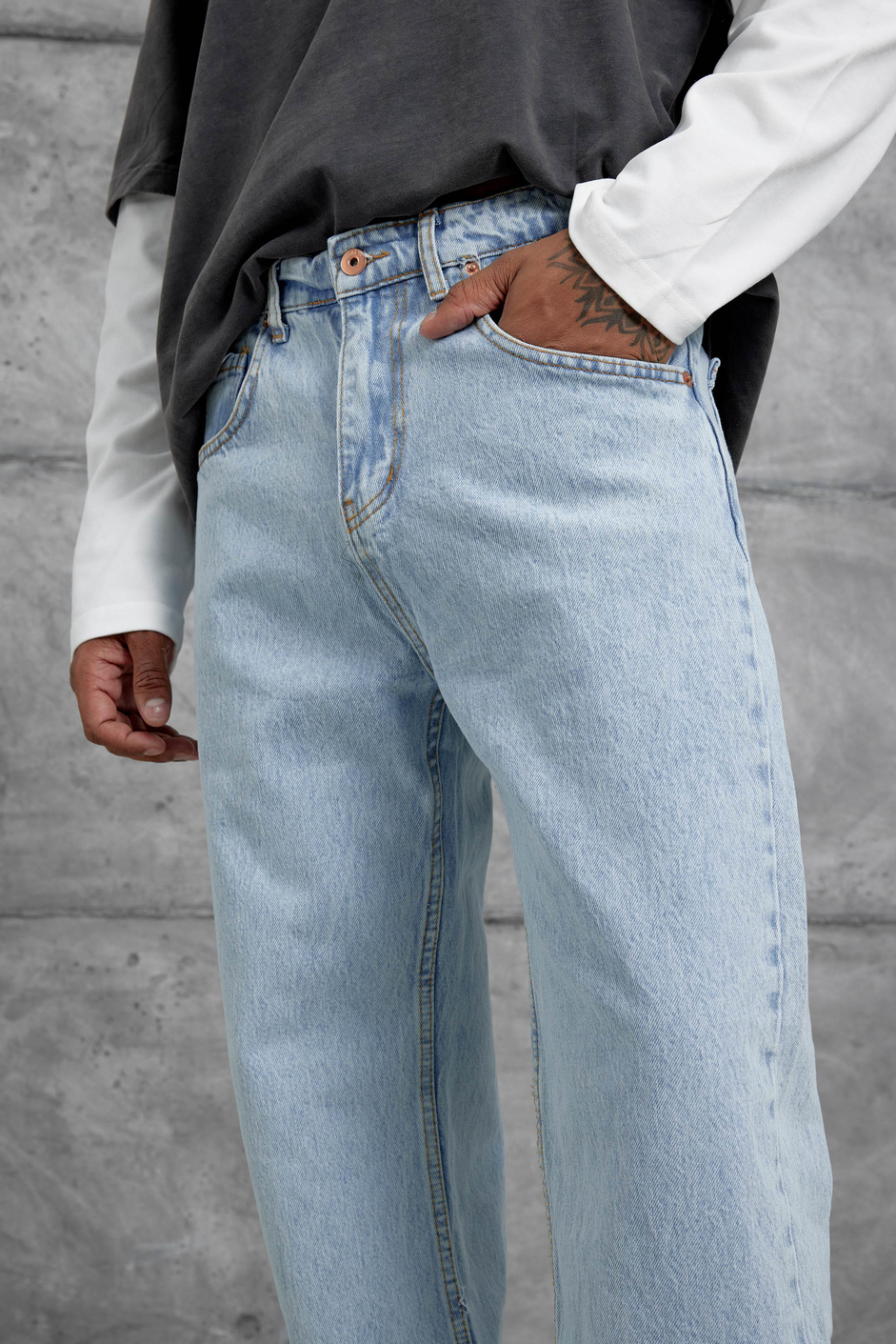Açık Mavi Mb Baggy Kalıp Taşlamalı Jean