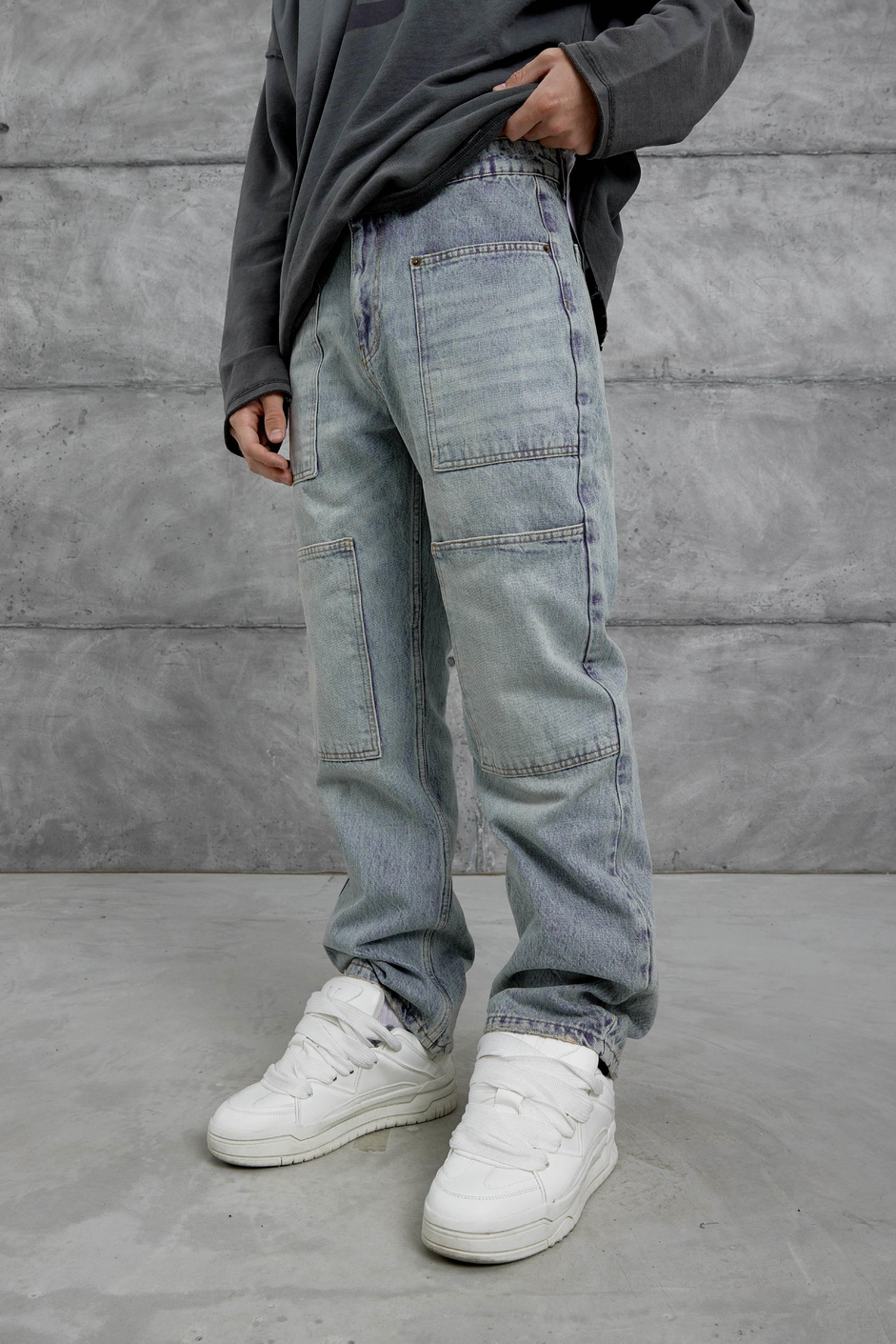 Açık Mavi Mmx Cep Detaylı Taşlamalı Baggy Jean