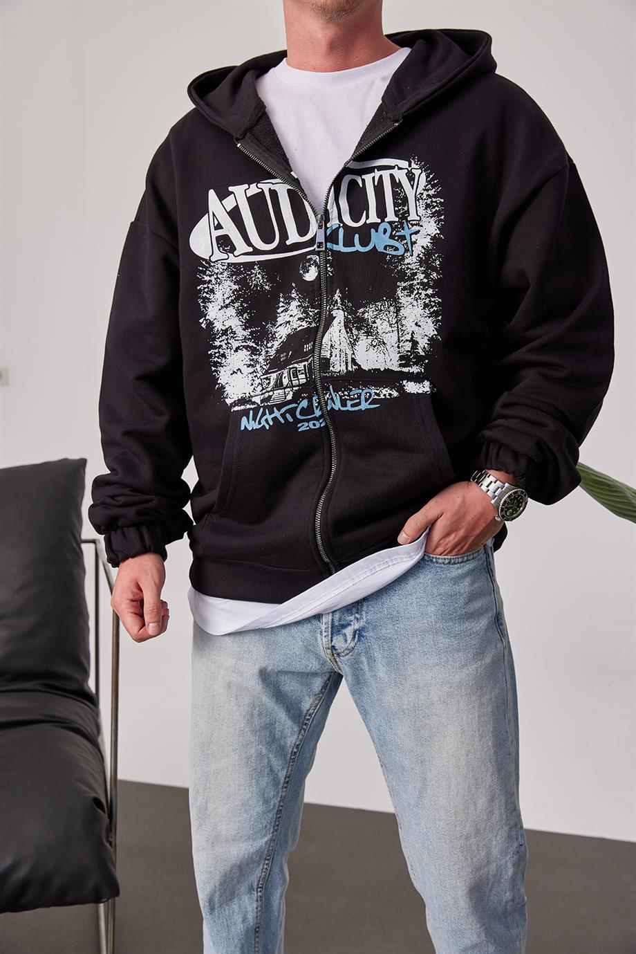 Audicity Yazılı Fermuarlı Kapüşonlu Siyah Sweatshirt