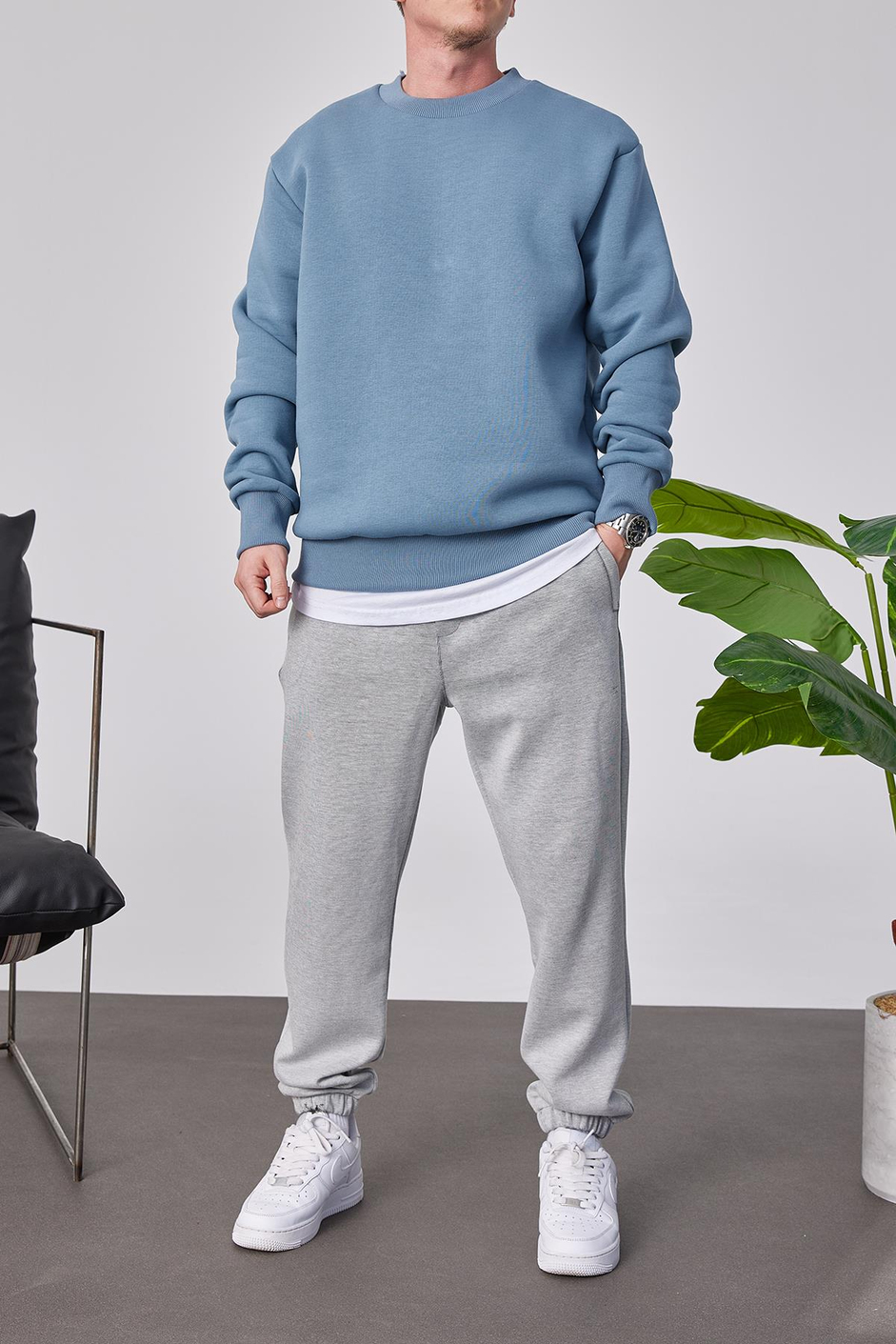 Basic Açık Mavi Şardonlu Sweatshirt