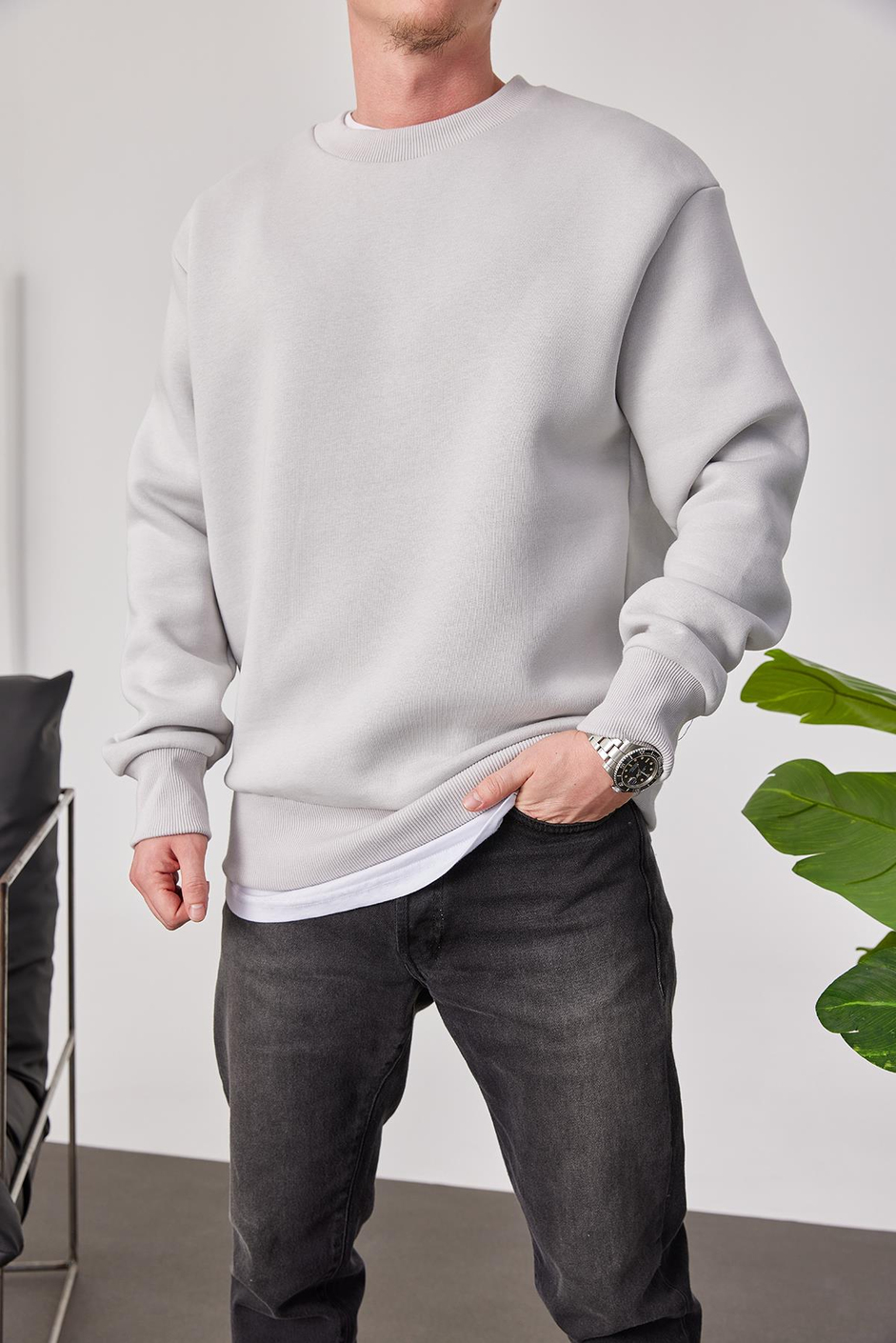 Basic Gri Şardonlu Sweatshirt