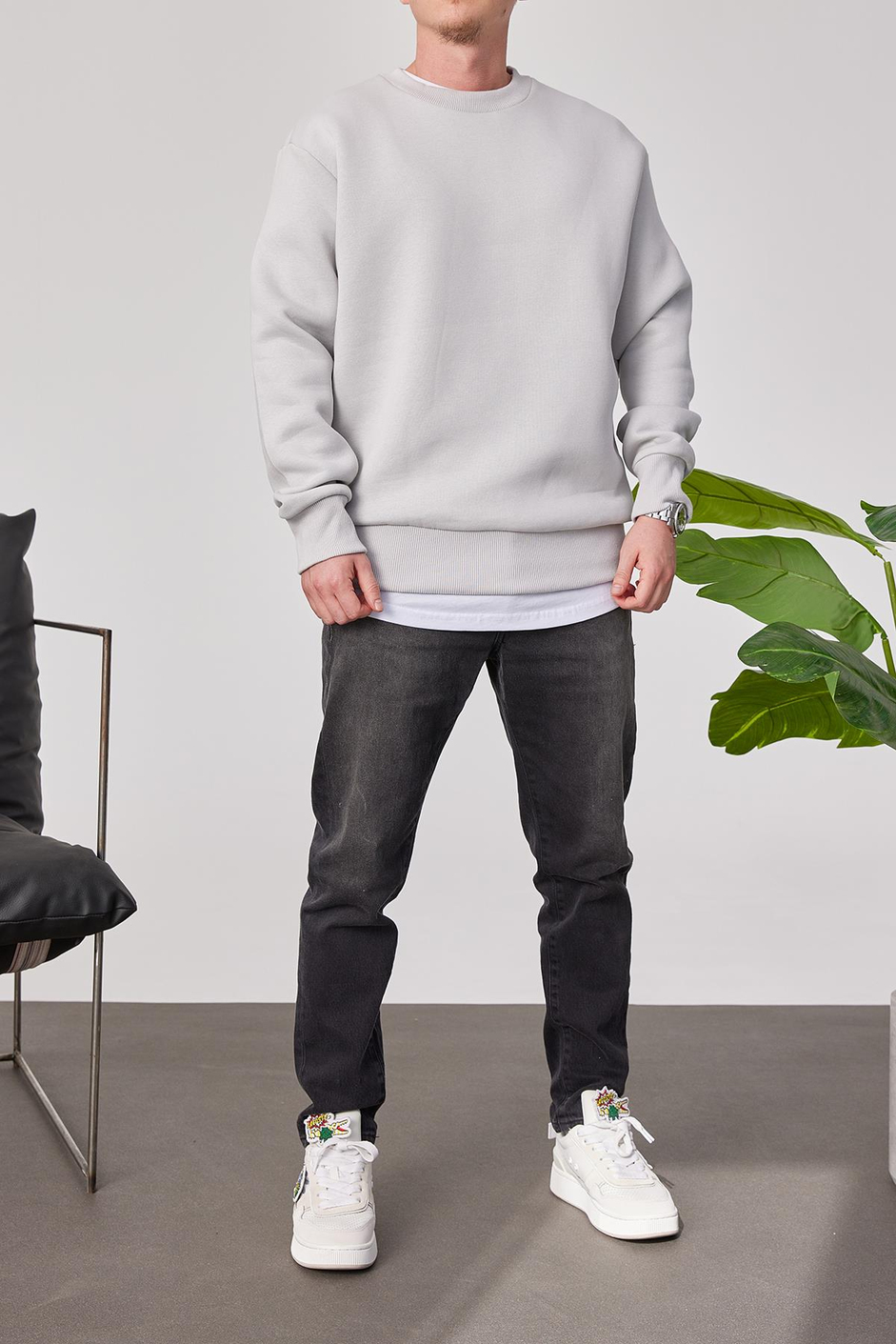 Basic Gri Şardonlu Sweatshirt