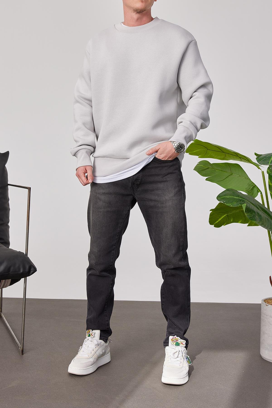 Basic Gri Şardonlu Sweatshirt