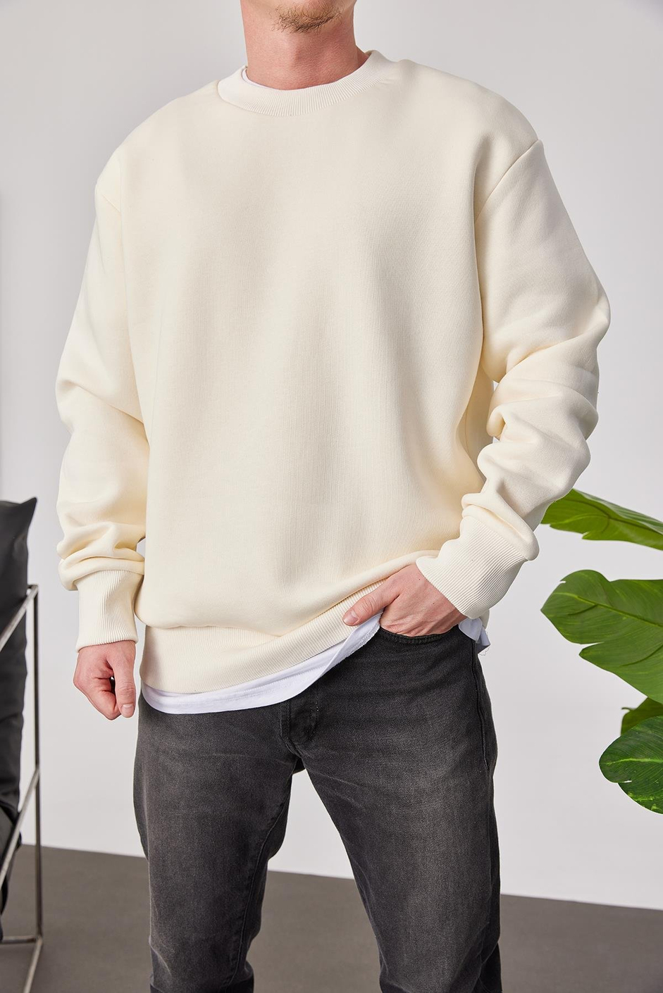 Basic Krem Şardonlu Sweatshirt