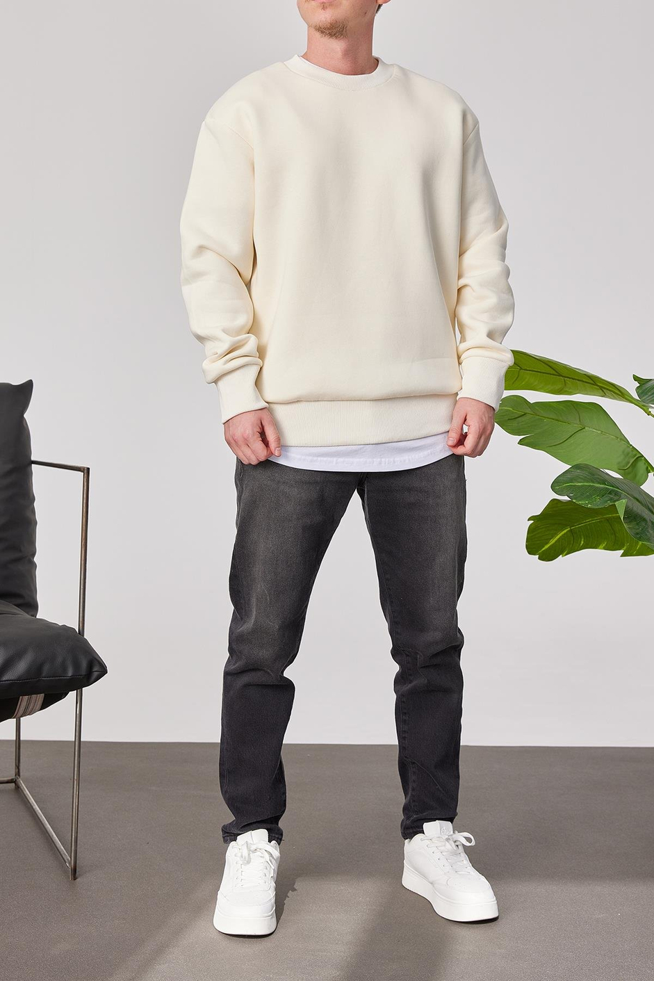 Basic Krem Şardonlu Sweatshirt