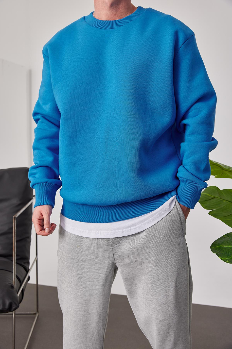 Basic Mavi Şardonlu Sweatshirt