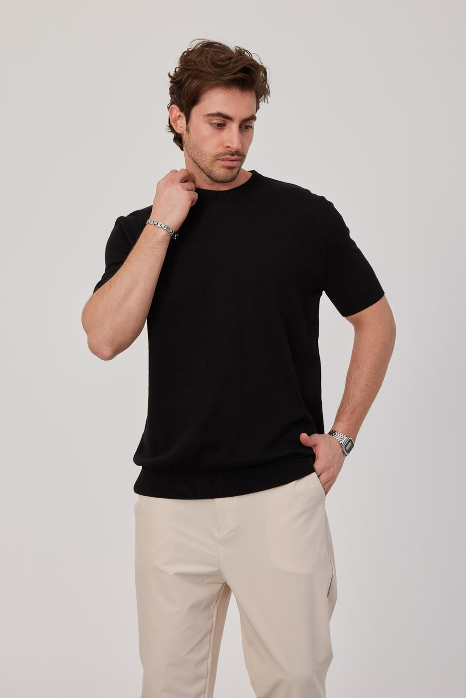Basic Siyah Triko Kumaş Tshirt
