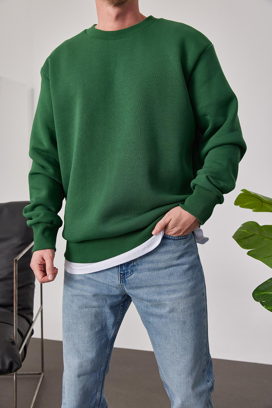 Basic Yeşil Şardonlu Sweatshirt