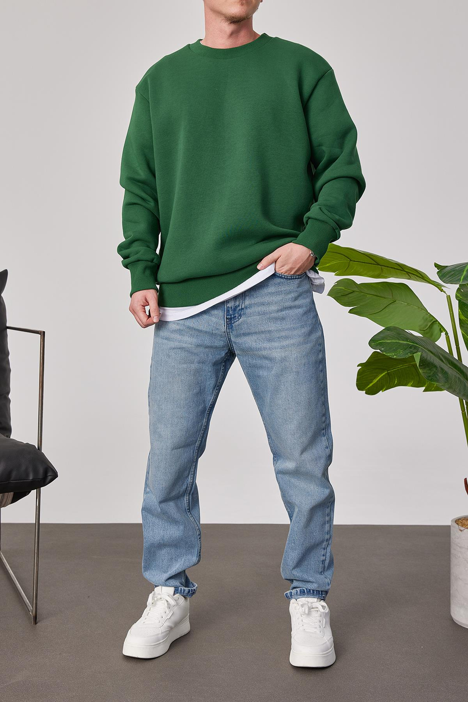 Basic Yeşil Şardonlu Sweatshirt
