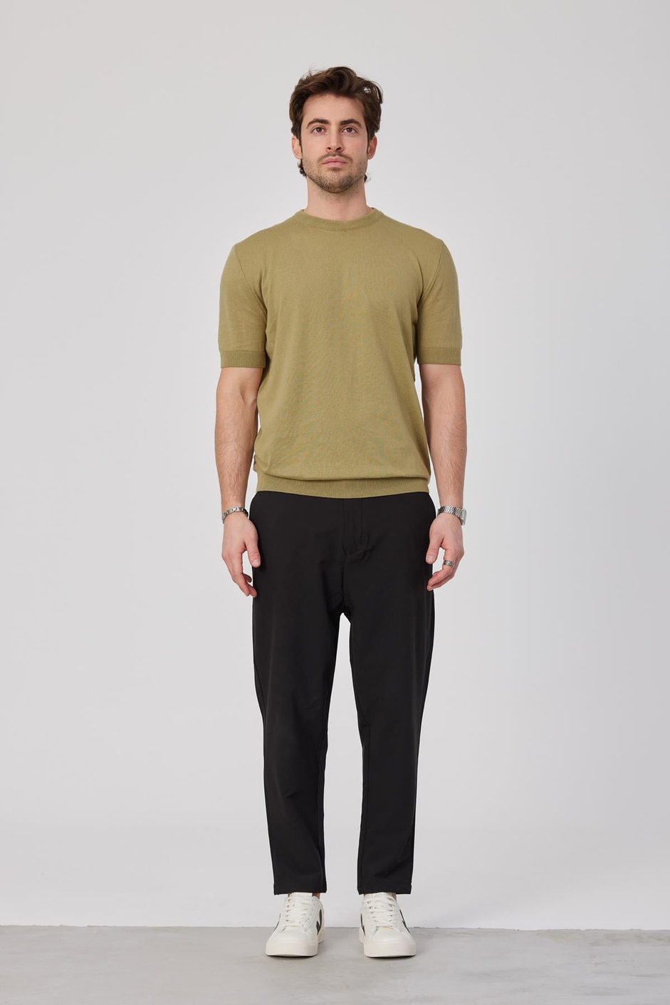 Basic Yeşil Triko Kumaş Tshirt